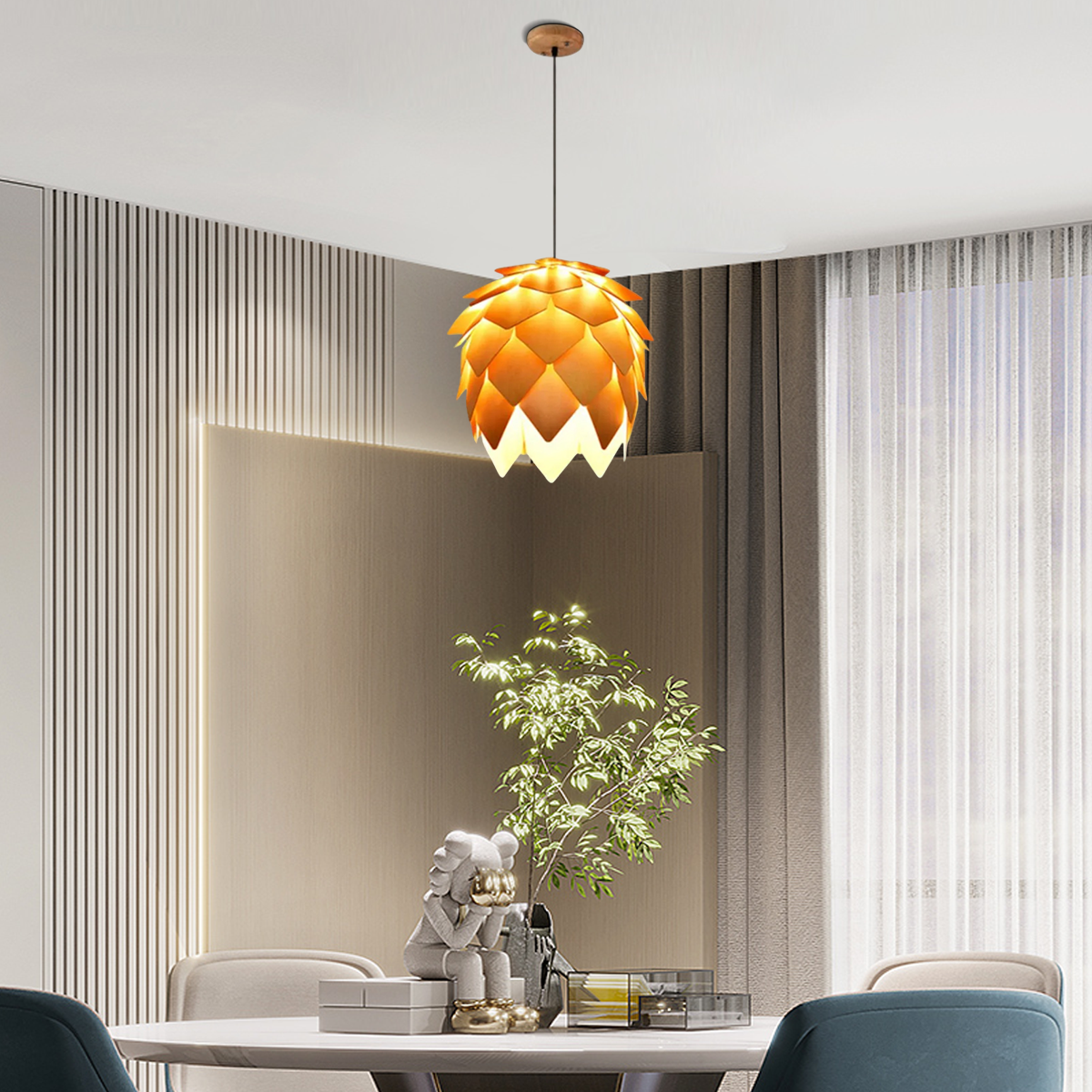 Art Deco Pendelleuchte LED Kiefernzapfenförmig Holz Gelb Esszimmer