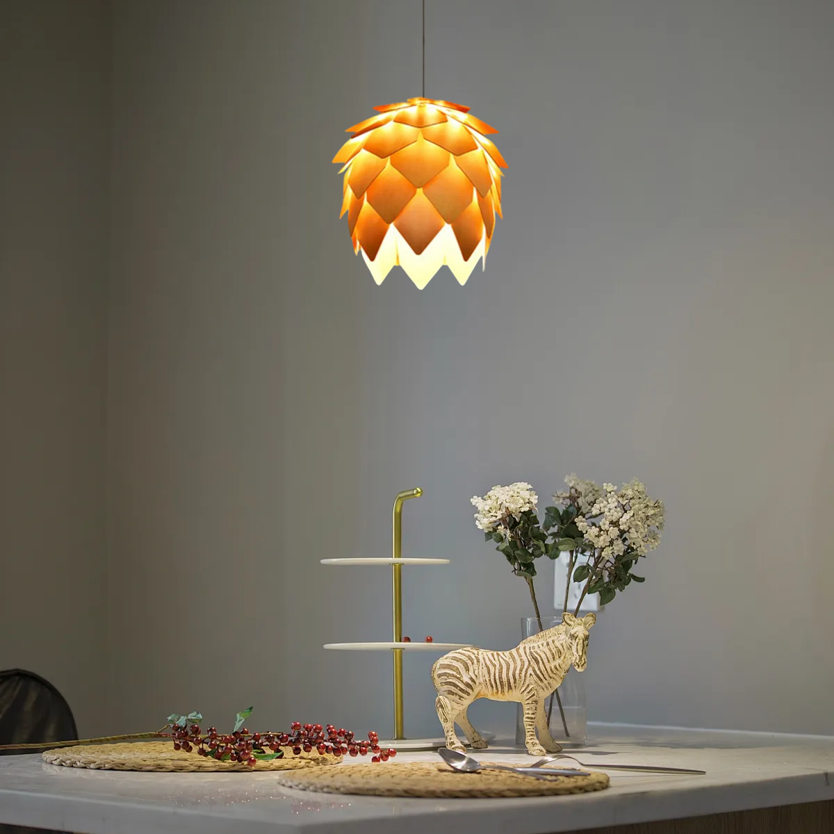 Art Deco Pendelleuchte LED Kiefernzapfenförmig Holz Gelb Esszimmer