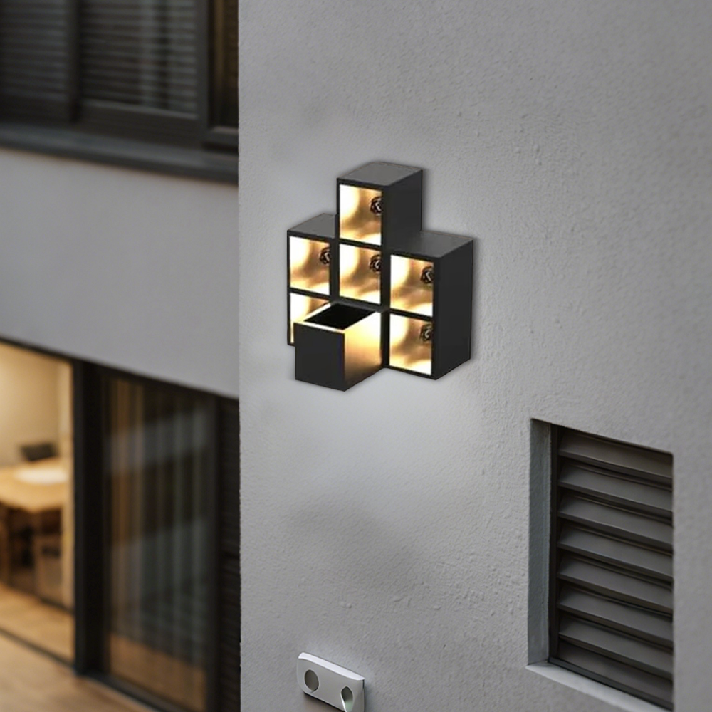 Industrielle Wandleuchte Schwarz Metall Glas Würfel Außen