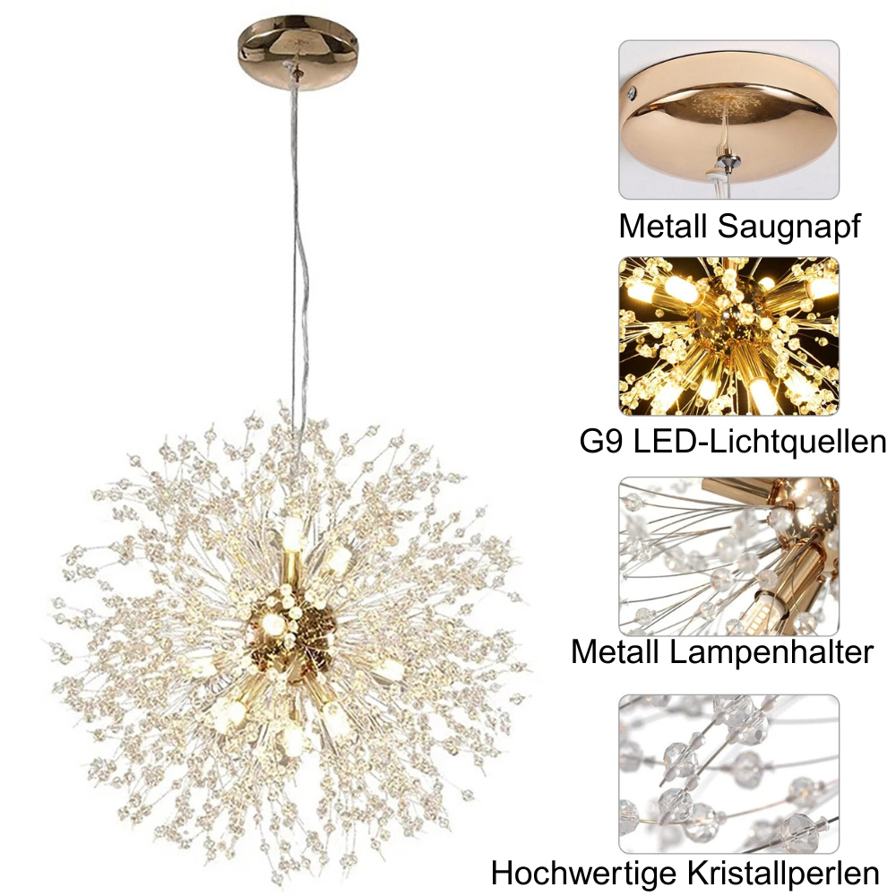 Goldene Löwenzahn-Pendelleuchte im modernen Wohnzimmer.