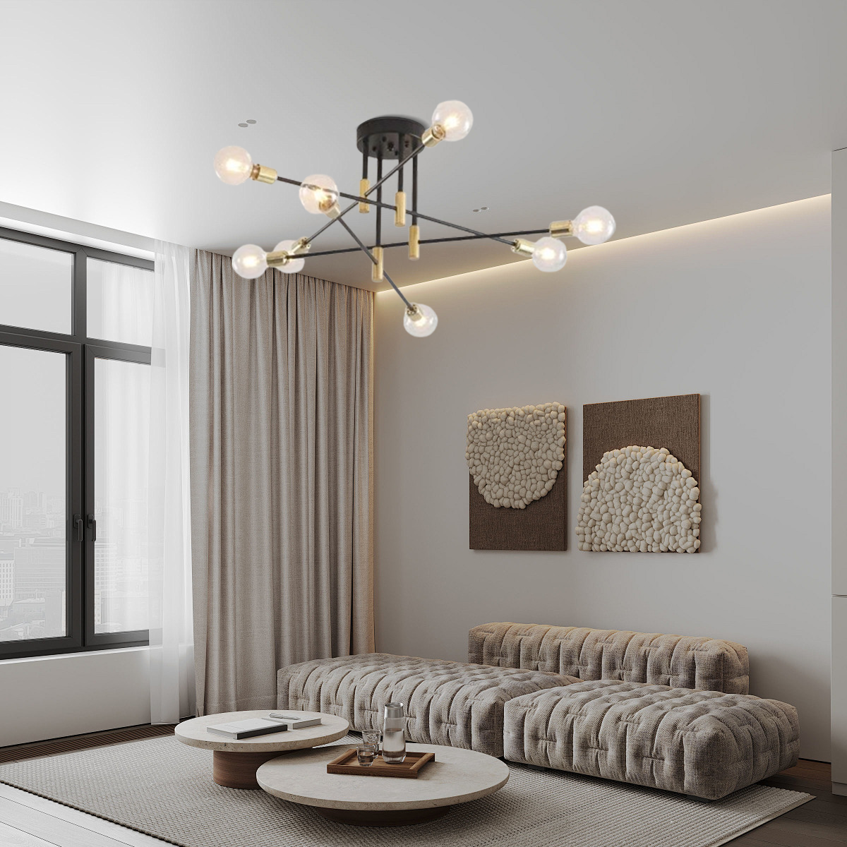 Große LED-Deckenleuchte mit 8 kugelförmigen Leuchten als Blickfang in einem geräumigen Wohnzimmer