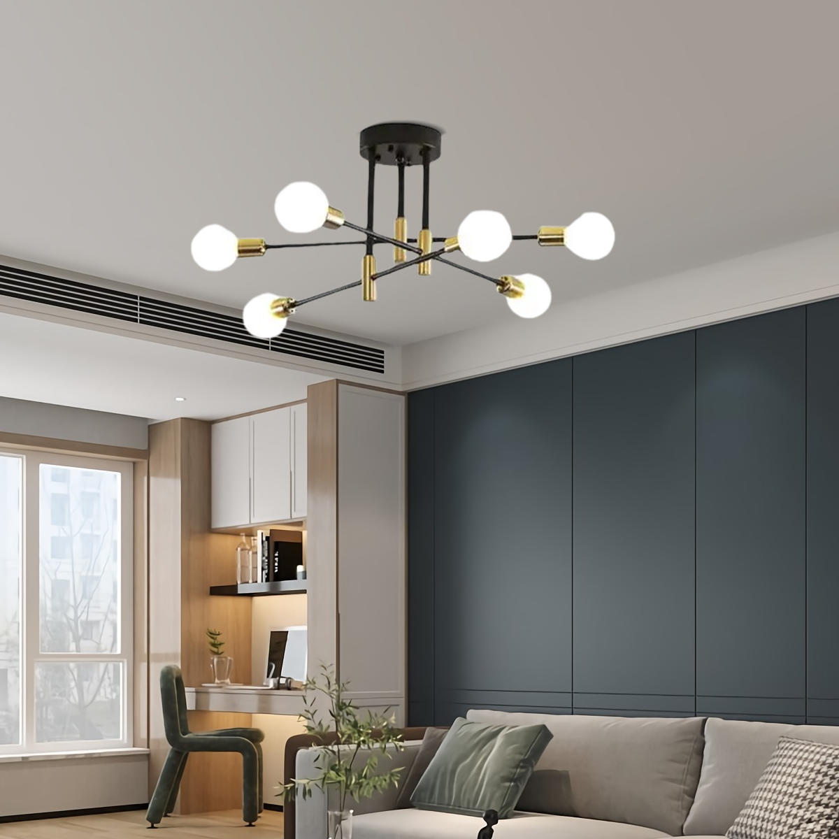 Moderne Deckenleuchte mit sechs kugelförmigen Lichtquellen für gleichmäßige Ausleuchtung im Schlafzimmer