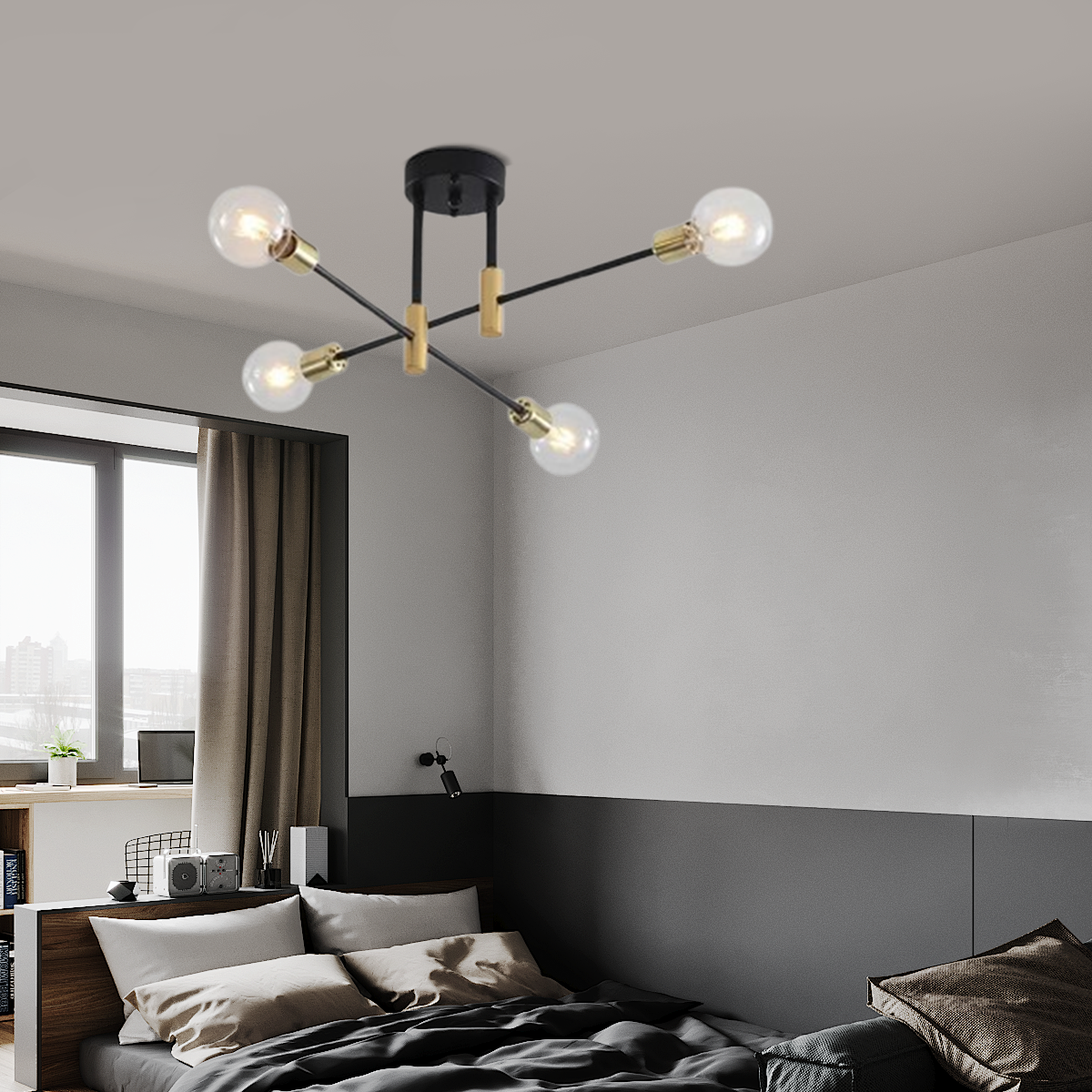 Moderne LED-Deckenleuchte in Gold als stilvoller Blickfang über dem Bett in einem gemütlich eingerichteten Schlafzimmer.