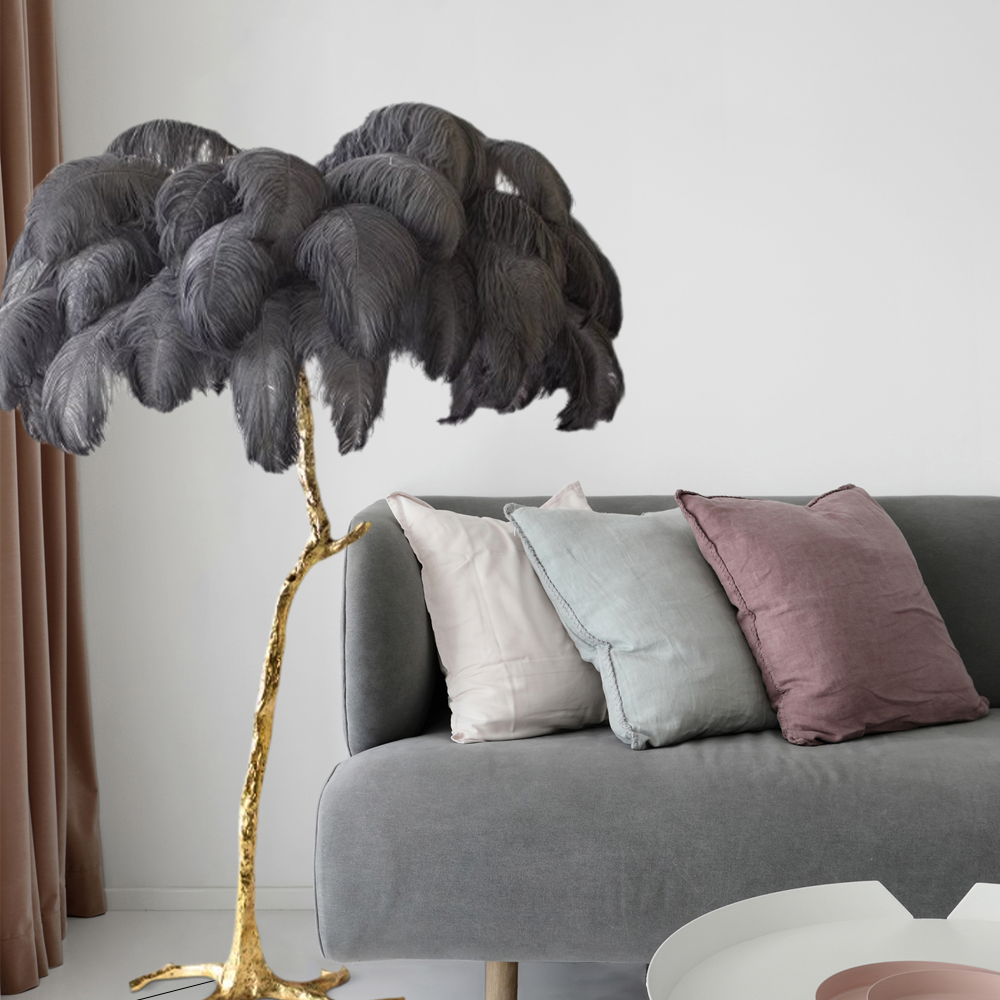 Graue Feder-Stehlampe für Wohnzimmer