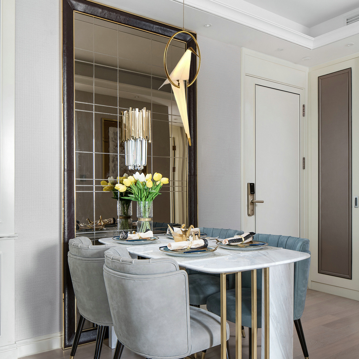 Moderne Pendelleuchte  Metall Glas Vogel Gold Esszimmer