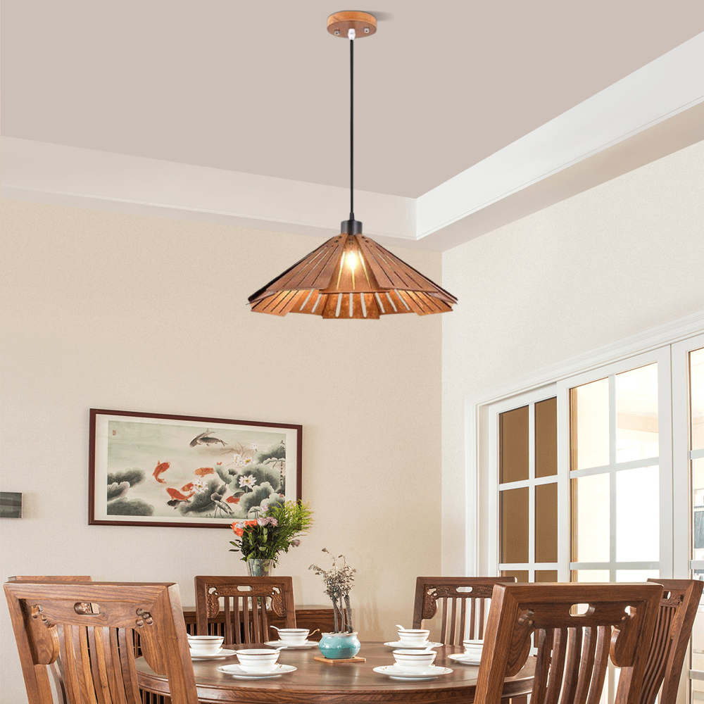 Designer Pendelleuchte Gelb/Braun Metall Holz Haube Schlafzimmer
