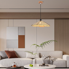 Designer Pendelleuchte Gelb/Braun Metall Holz Haube Schlafzimmer