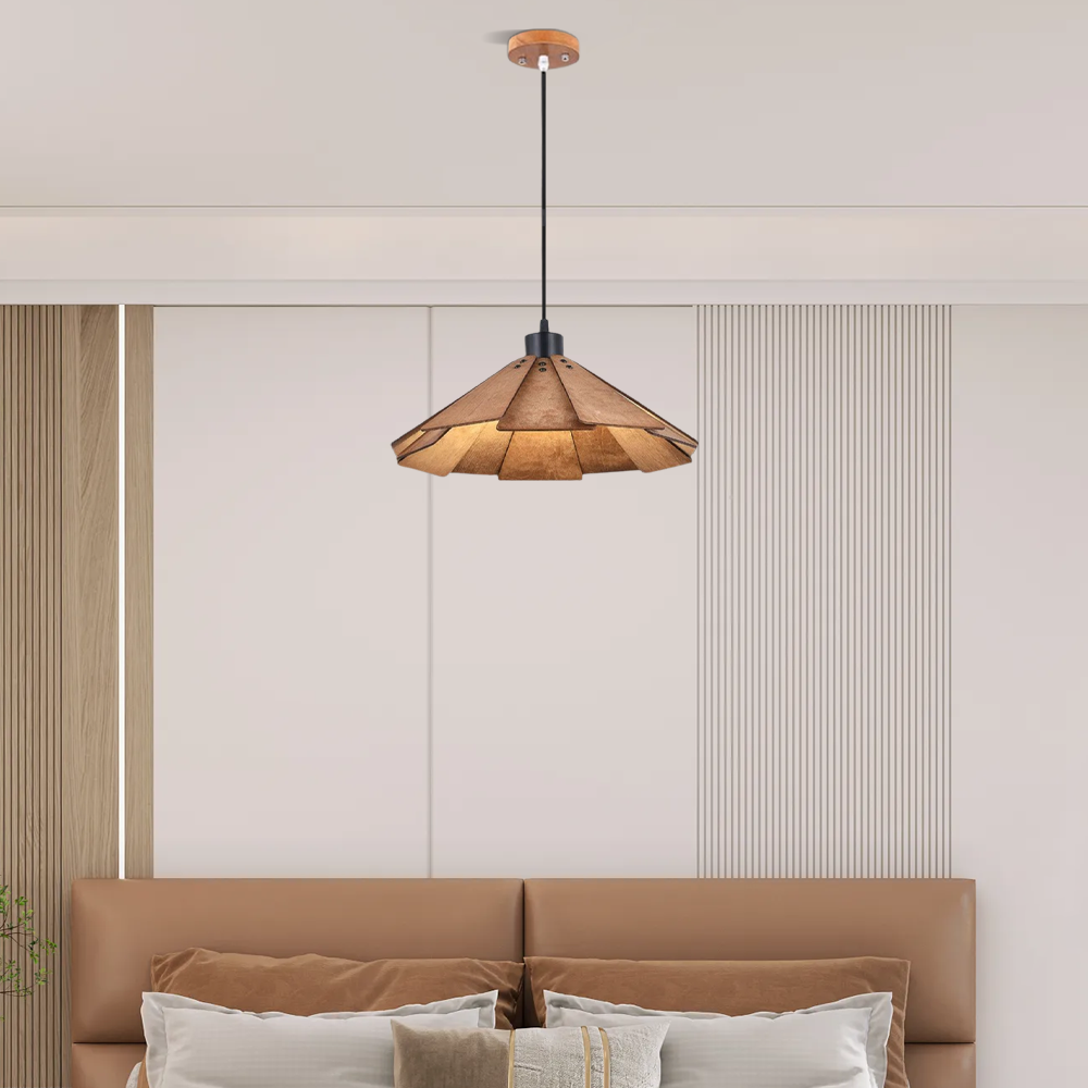 Designer Pendelleuchte Gelb/Braun Metall Holz Haube Schlafzimmer