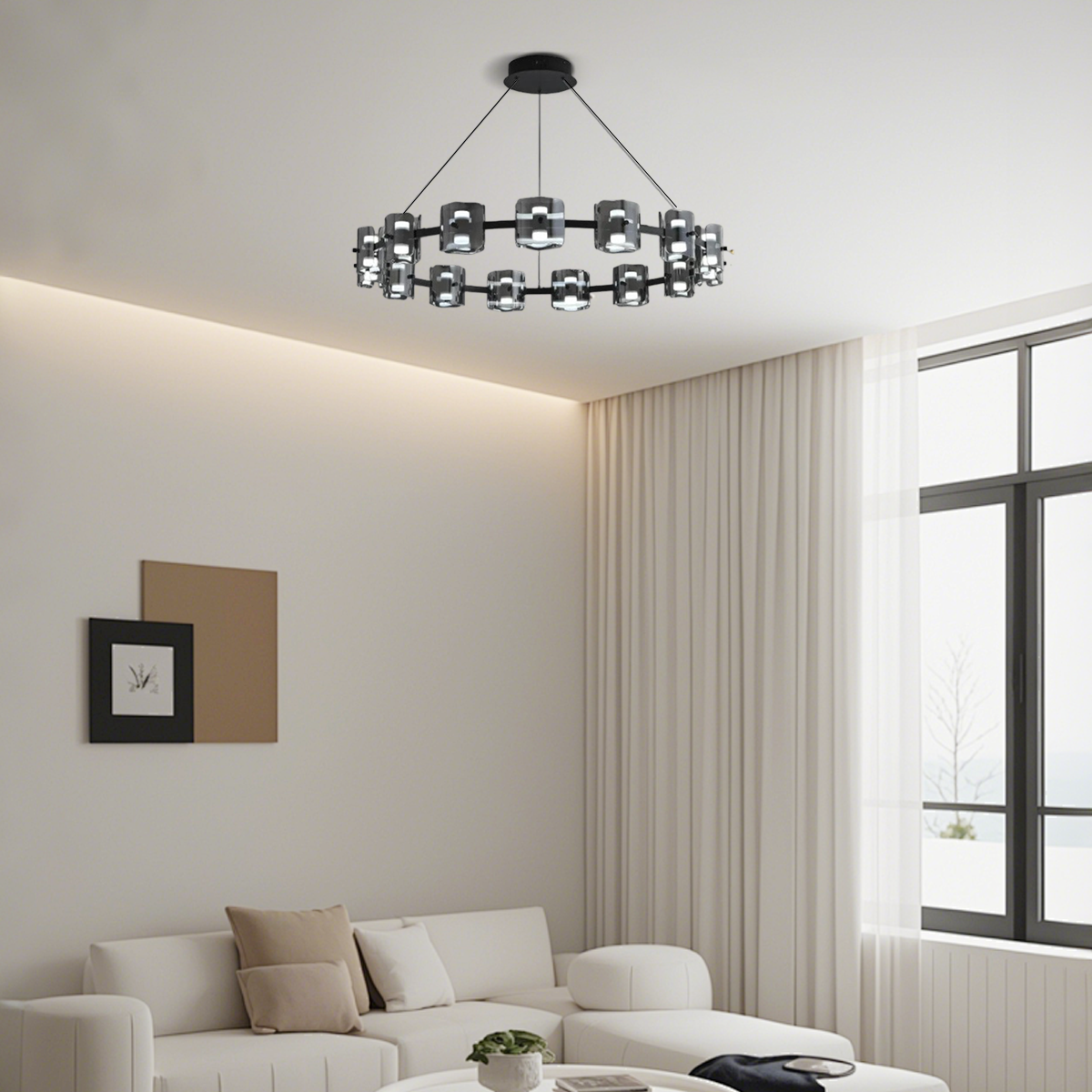 Modern Pendelleuchte LED 9/12/15Flammig Ring Glas Gold/Schwarz Wohnzimmer