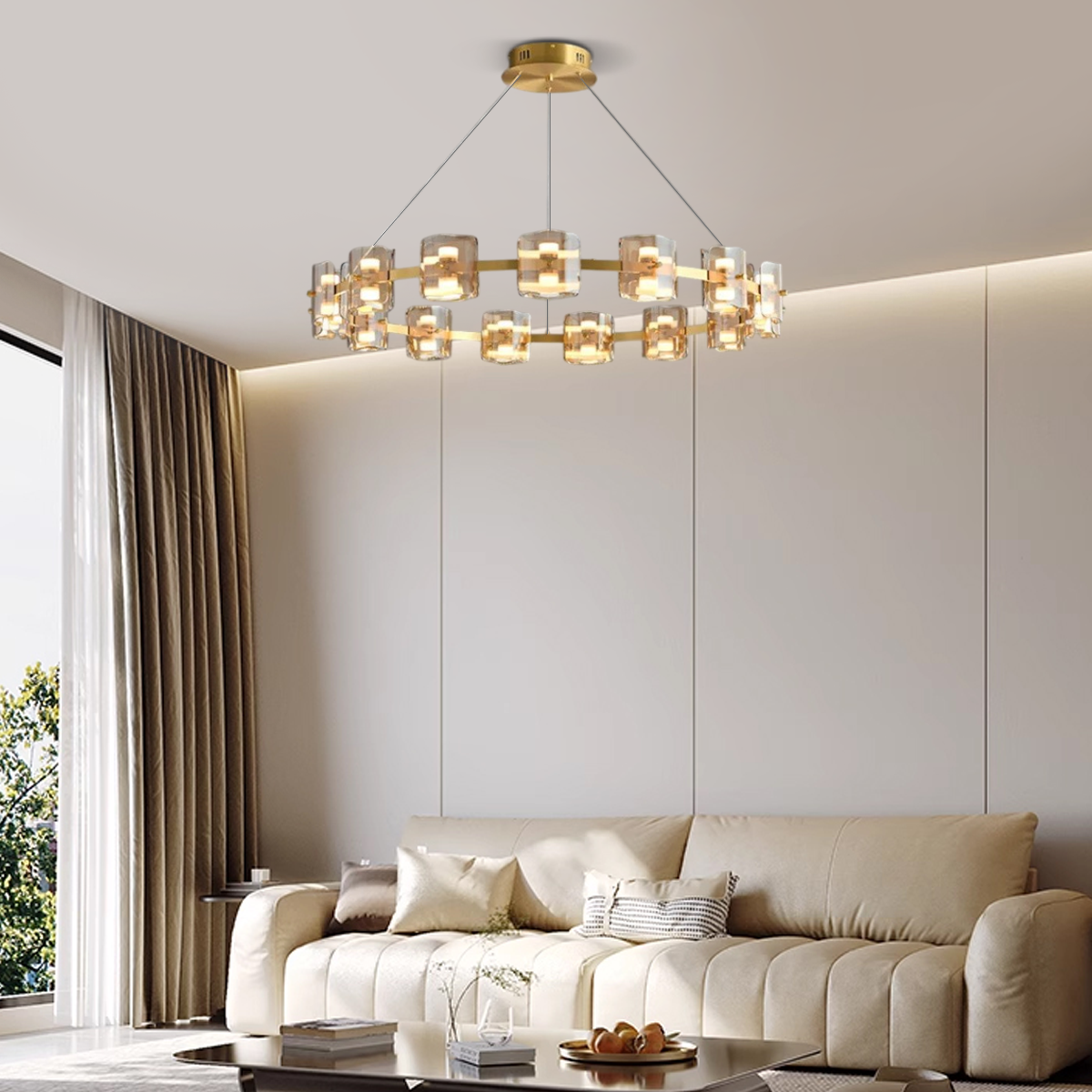 Modern Pendelleuchte LED 9/12/15Flammig Ring Glas Gold/Schwarz Wohnzimmer