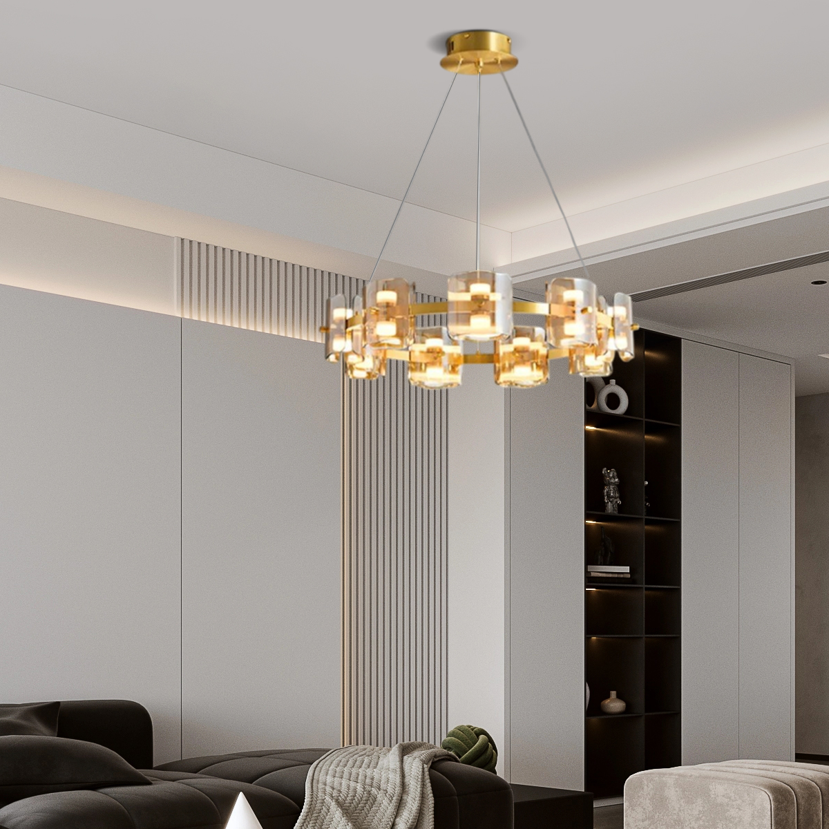 Modern Pendelleuchte LED 9/12/15Flammig Ring Glas Gold/Schwarz Wohnzimmer