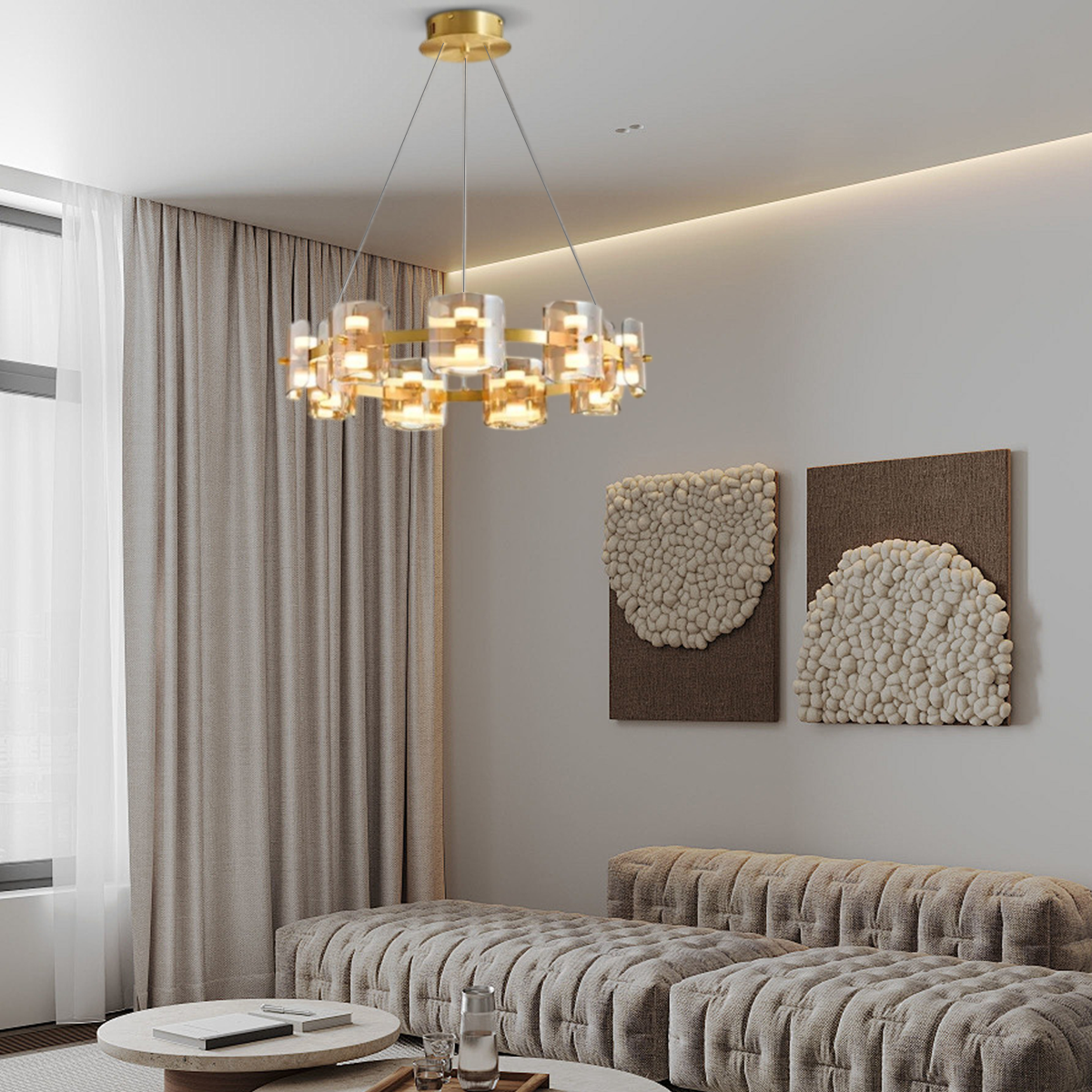 Modern Pendelleuchte LED 9/12/15Flammig Ring Glas Gold/Schwarz Wohnzimmer