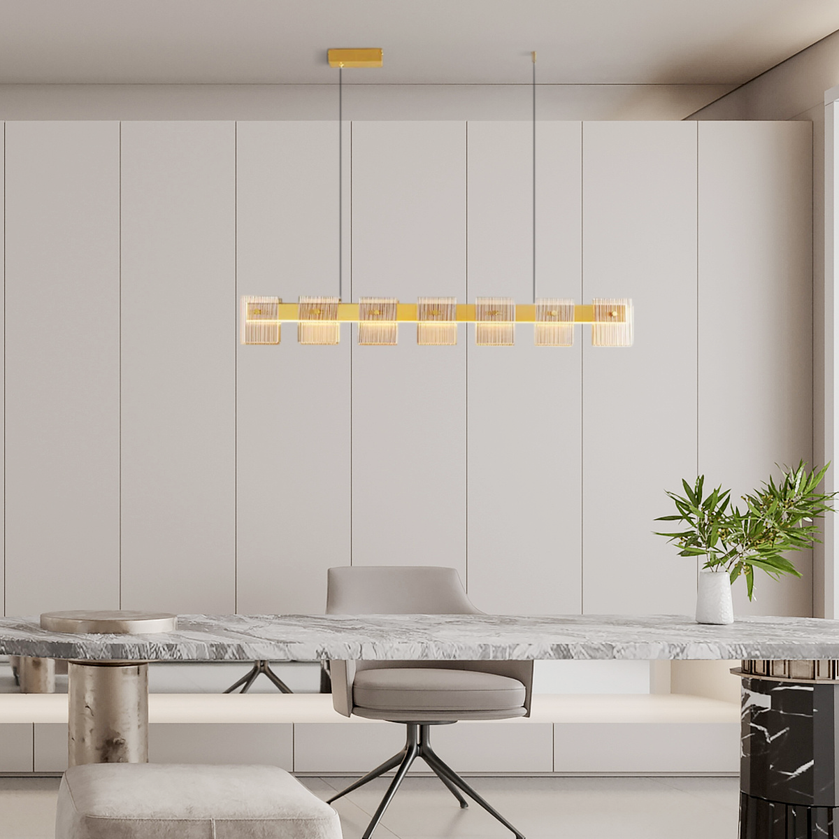 Modern Pendelleuchte LED Linear Gold Reines Kupfer/Glas Esszimmer