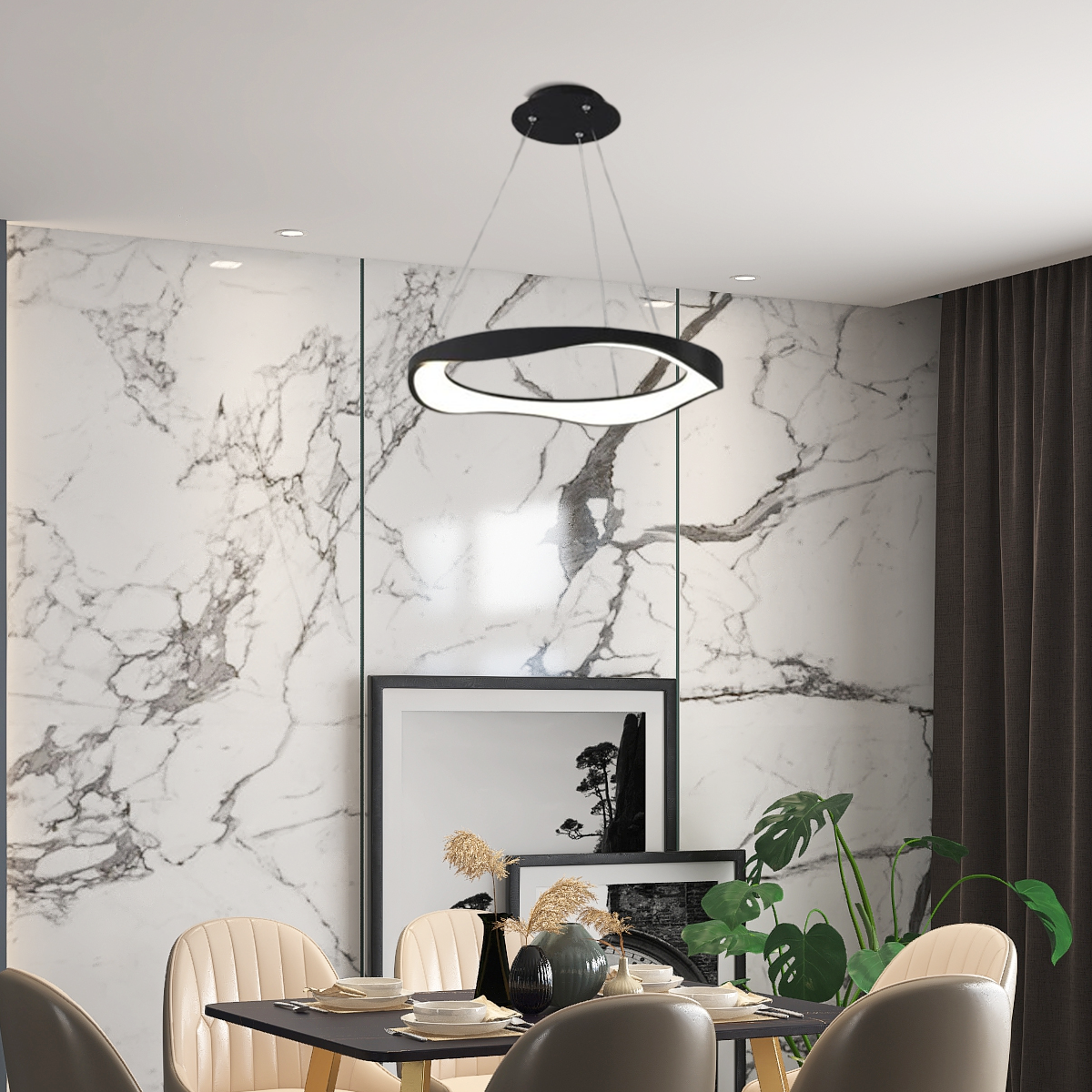 Moderne Pendelleuchte LED Ring Schwarz/Weiß Metall Wohn/Esszimmer