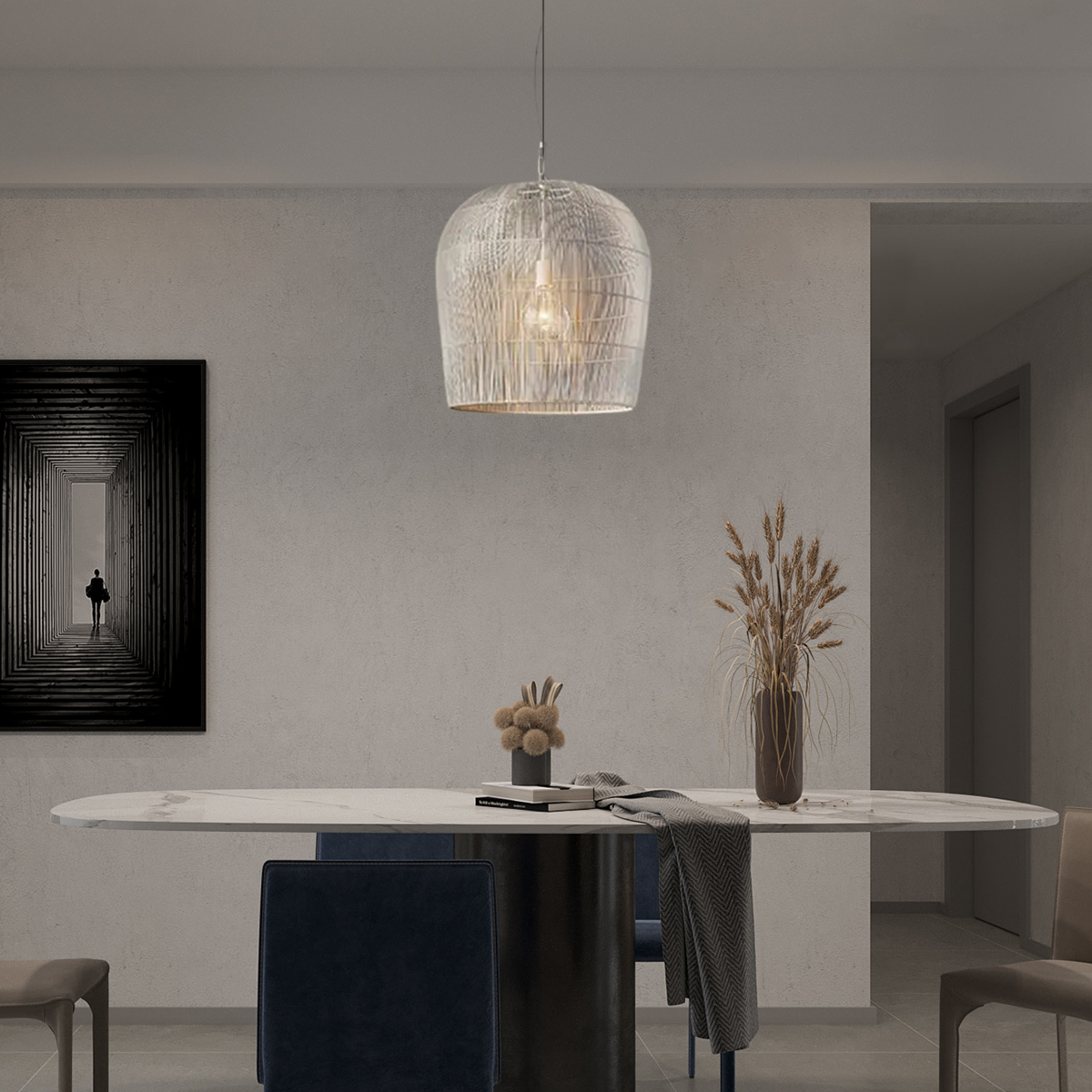 Bauernhaus Pendelleuchte Weiß Metall Rattan Hooded Schlafzimmer