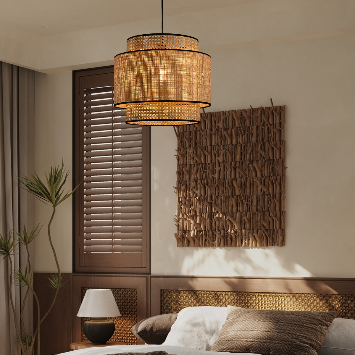 Landhausstil Pendelleuchte LED Holzfarbe Metall/Rattan Wohnzimmer