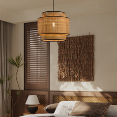 Landhausstil Pendelleuchte LED Holzfarbe Metall/Rattan Wohnzimmer