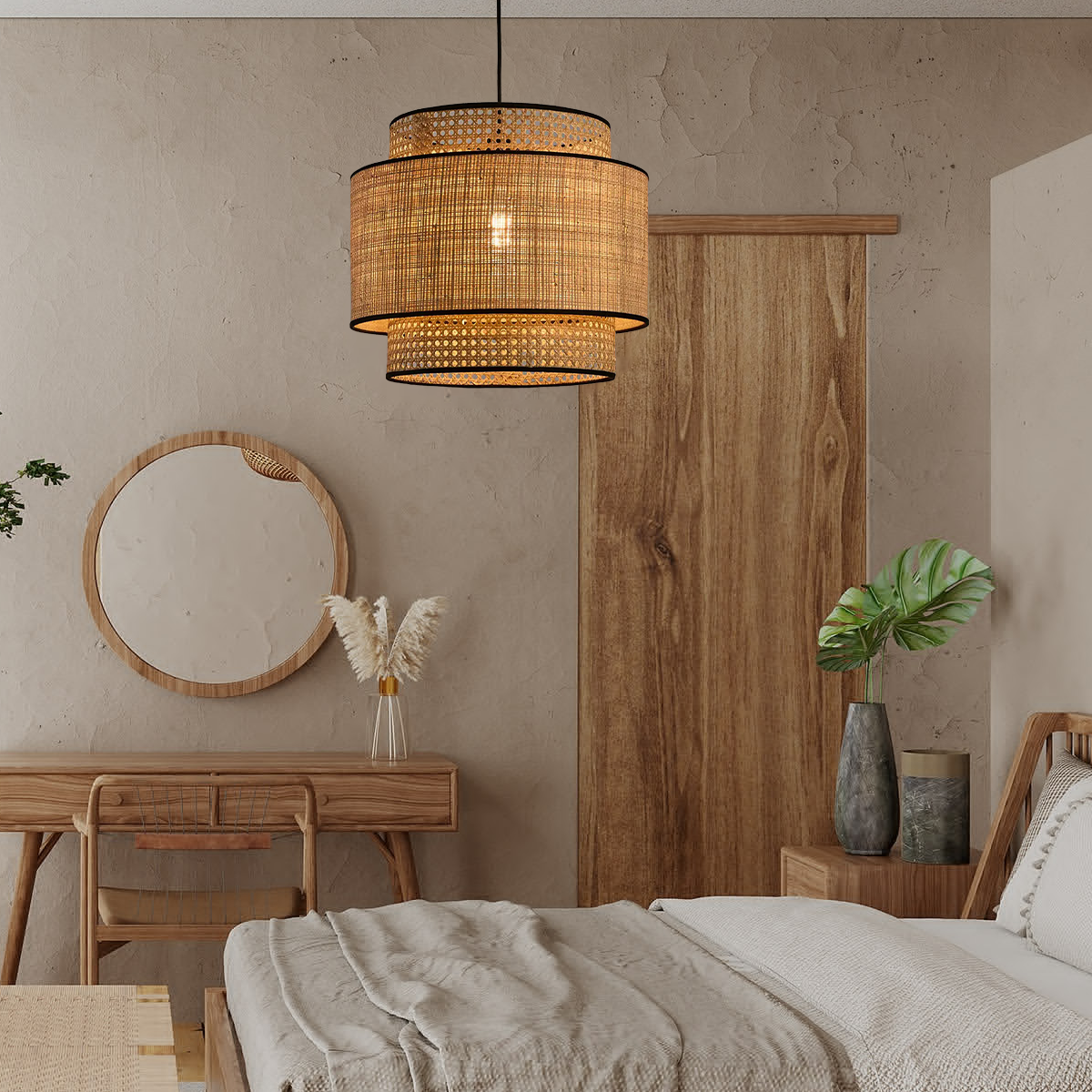 Landhausstil Pendelleuchte LED Holzfarbe Metall/Rattan Wohnzimmer