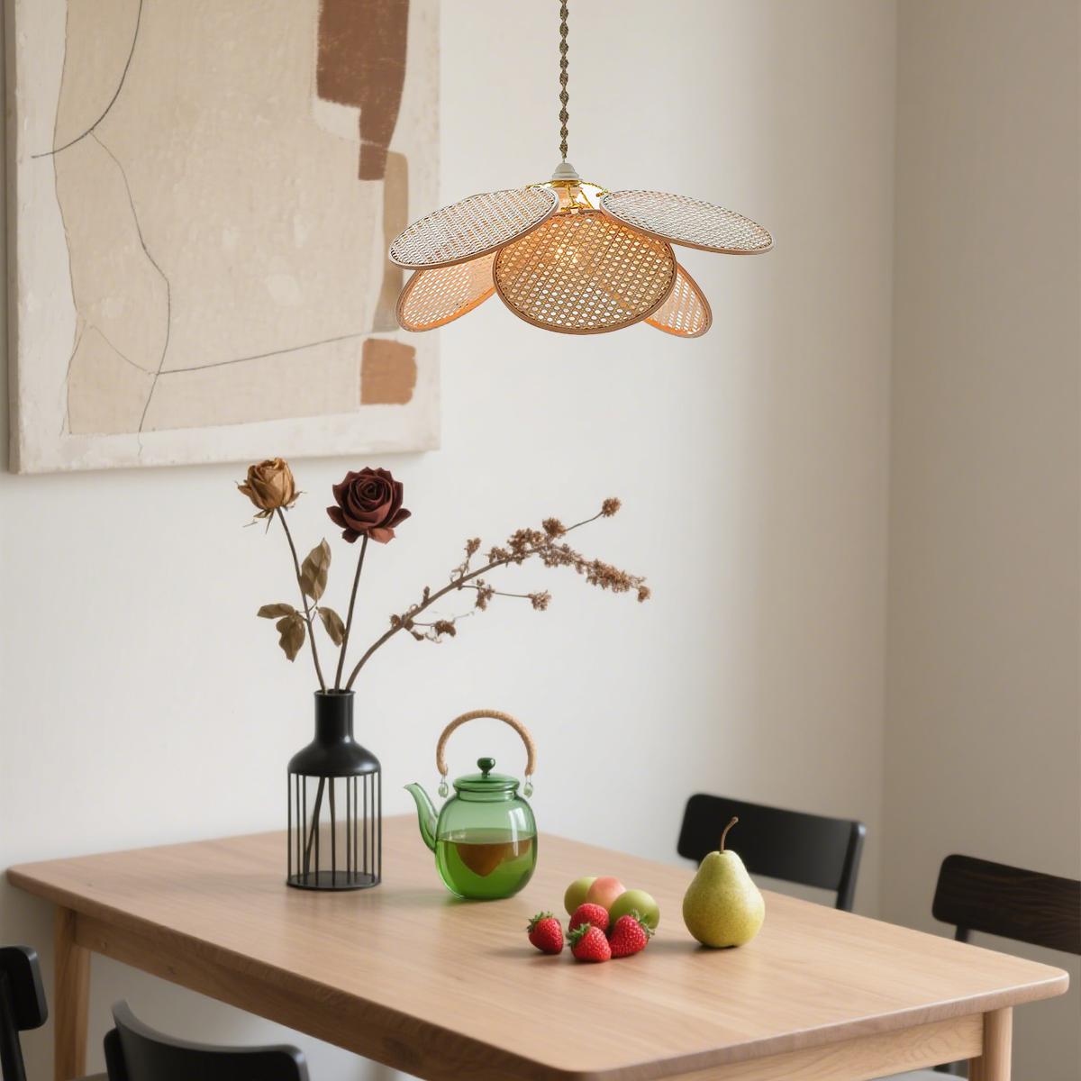 Landhausstil Pendelleuchte LED Blumen Holz Rattan Wohnzimmer