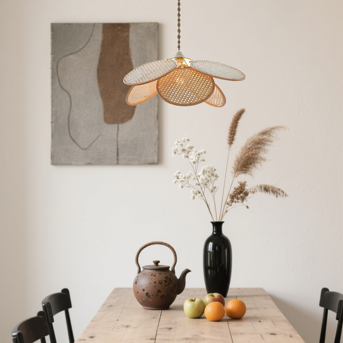 Landhausstil Pendelleuchte LED Blumen Holz Rattan Wohnzimmer