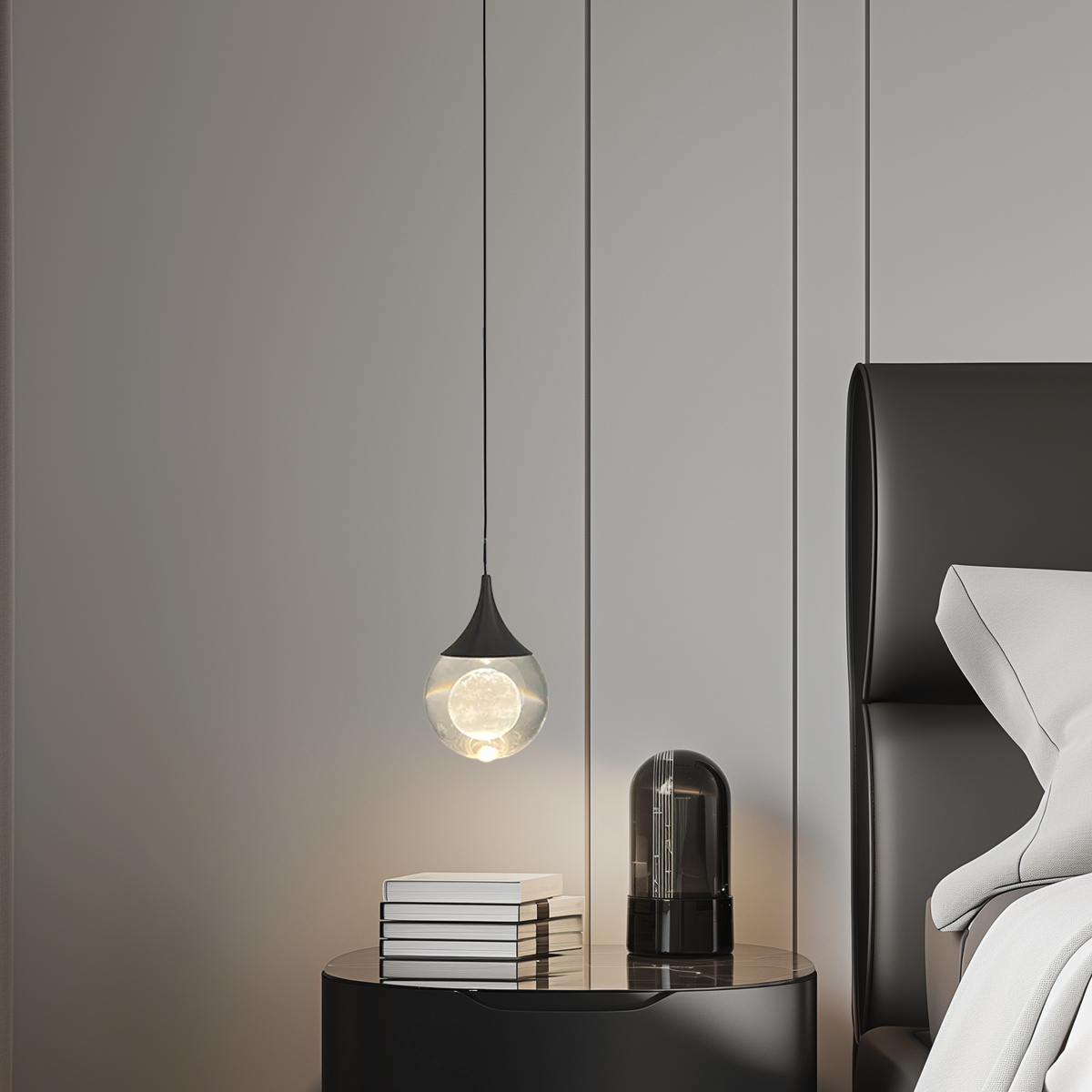 Modern Pendelleuchte LED Tropfen Schwarz über dem Nachttisch
