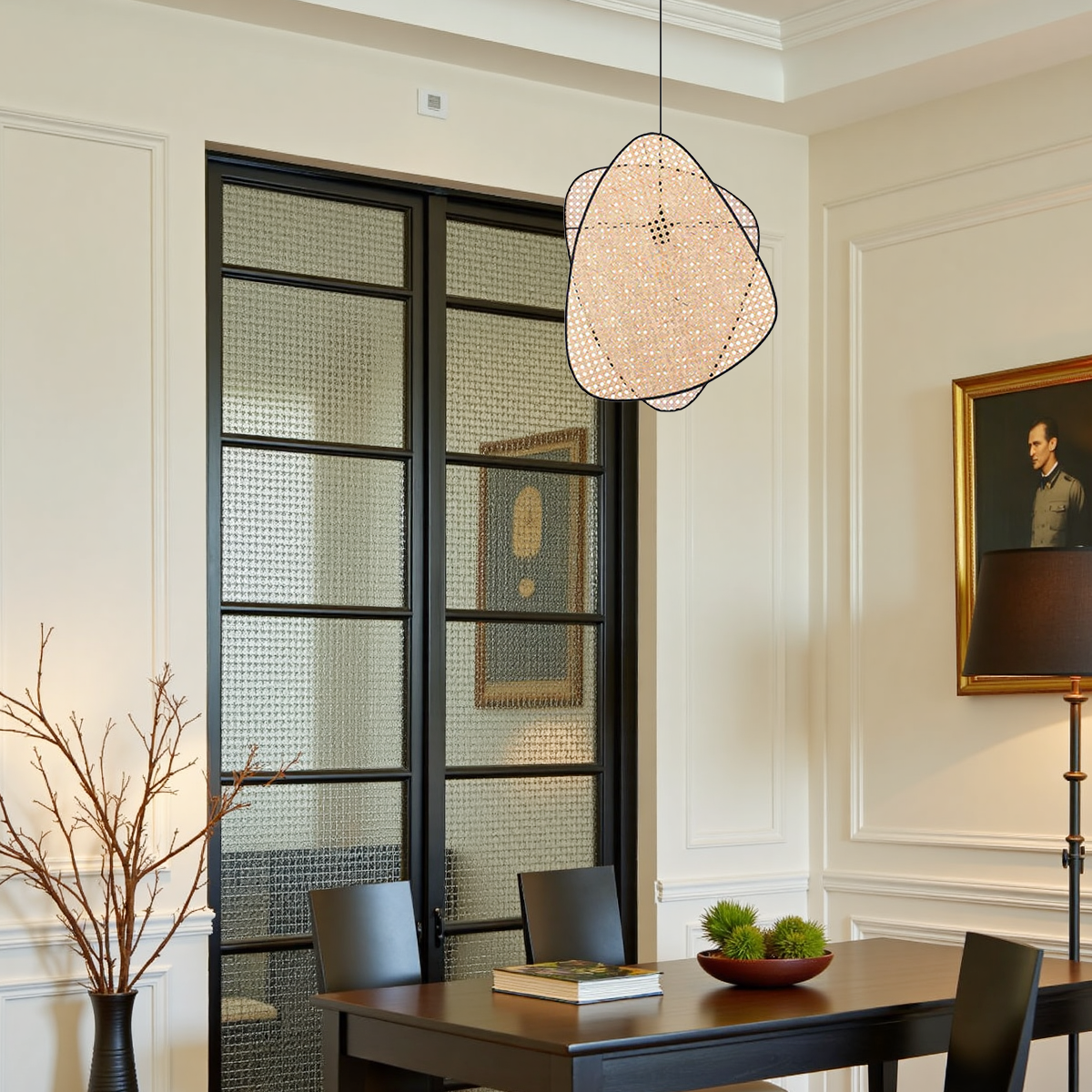 Landhausstil Pendelleuchte LED Rattan Geometrisch  über dem Esstisch