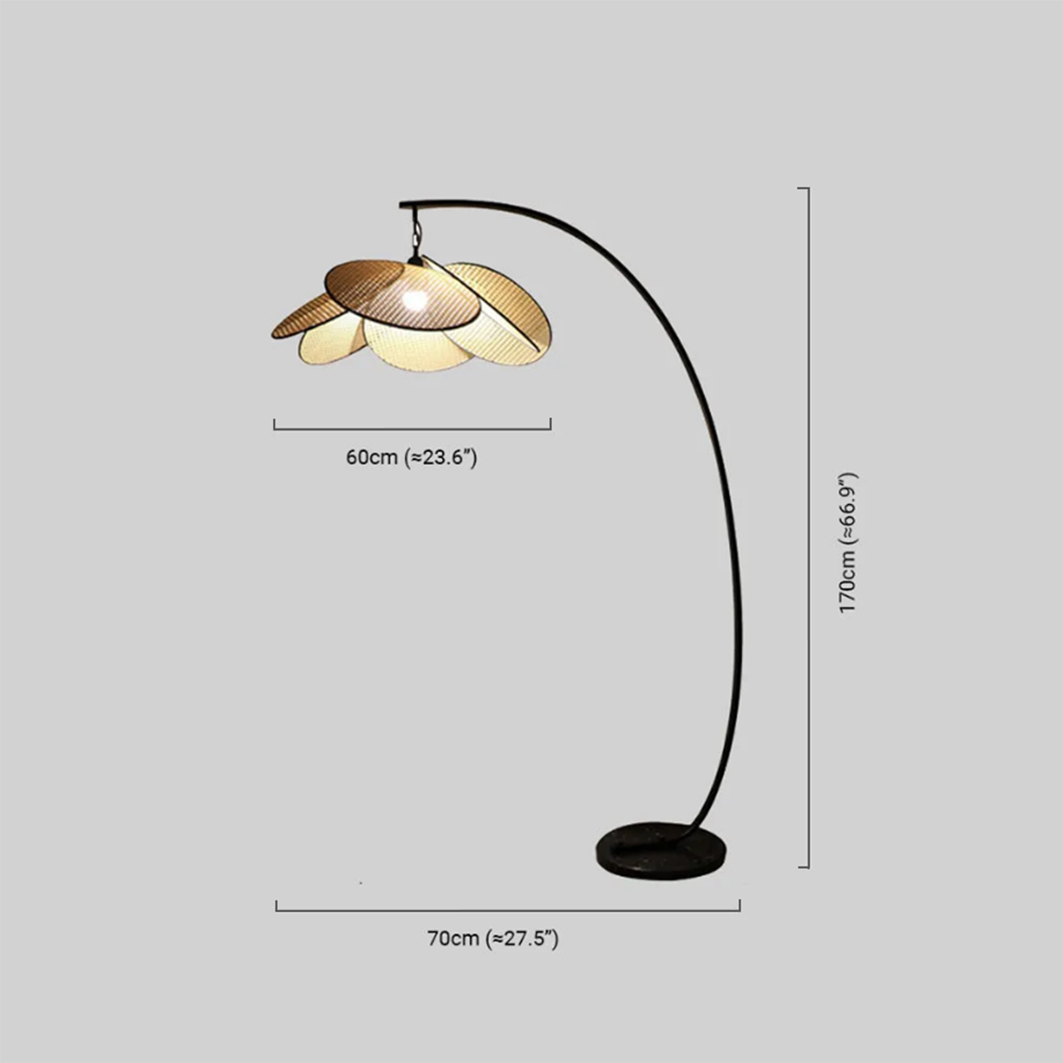 Maßzeichnung der Landhausstil Stehlampe LED Rattan 