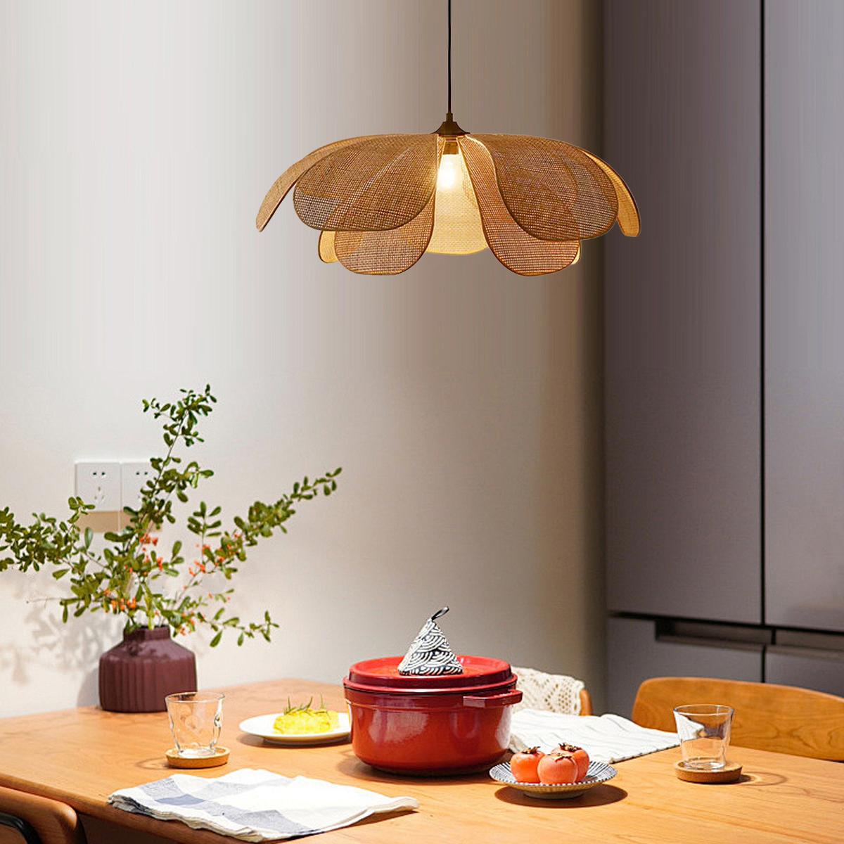 Bauernhaus Pendelleuchte Holz Metall Rattan Blumen Wohnzimmer