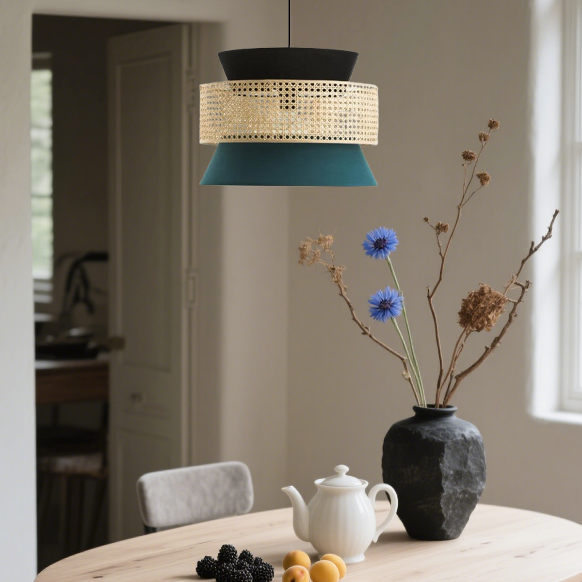 Landhaus Pendelleuchte LED Zylindrisch Dunkelgrün Stoff Wohnzimmer