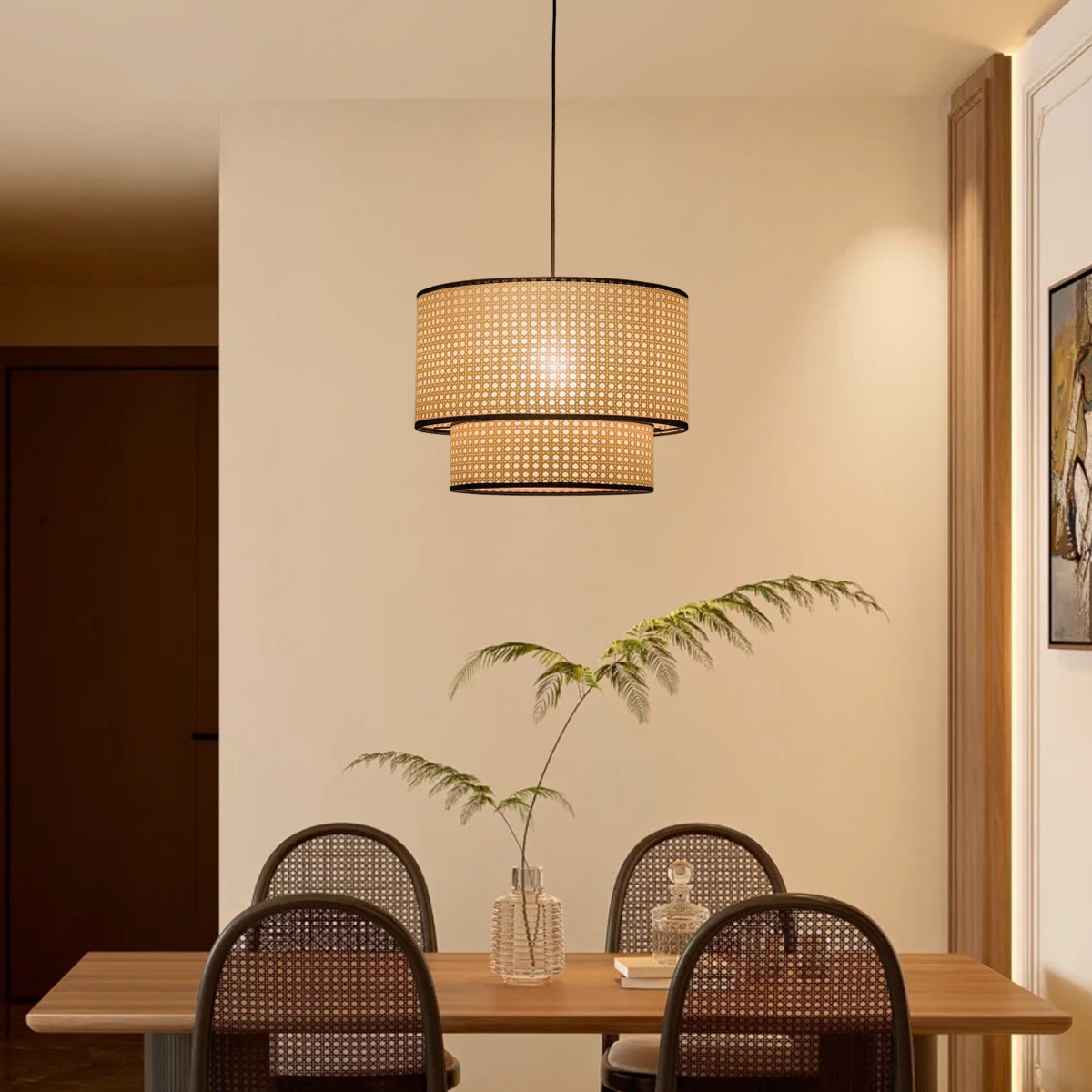 Landhausstil Pendelleuchte LED Zylindrisch Holz Metall Wohnzimmer
