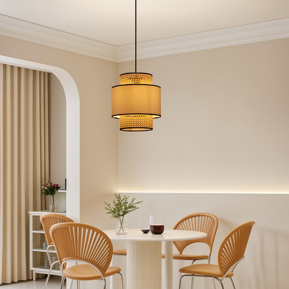Landhausstil Pendelleuchte LED Zylindrisch Rattan Stoff Wohnzimmer