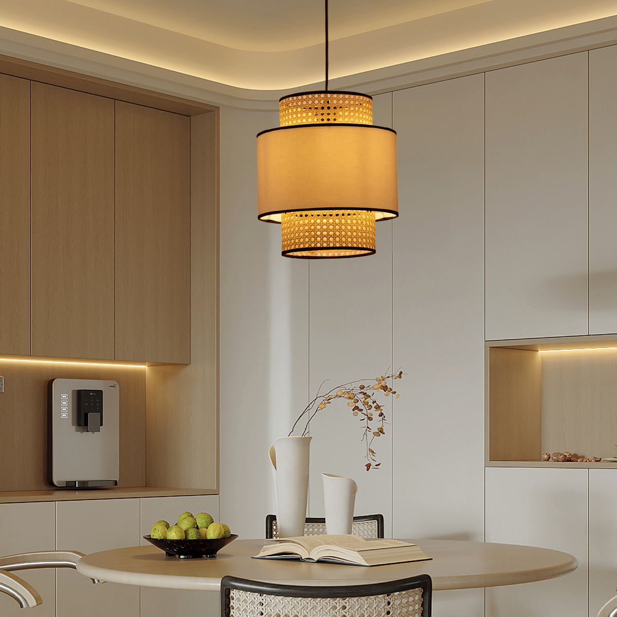 Landhausstil Pendelleuchte LED Zylindrisch Rattan Stoff Wohnzimmer