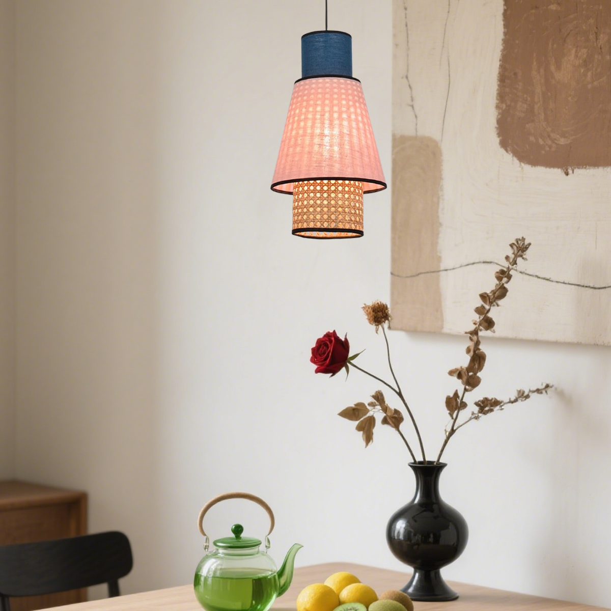 Modern Pendelleuchte LED Geometric Rattan Rosa Esszimmer