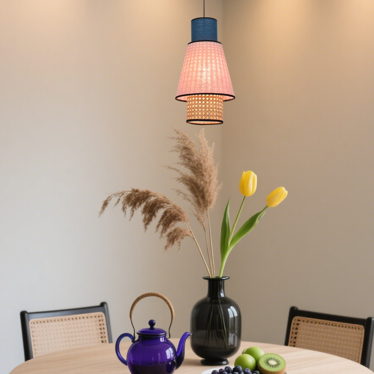 Modern Pendelleuchte LED Geometric Rattan Rosa Esszimmer
