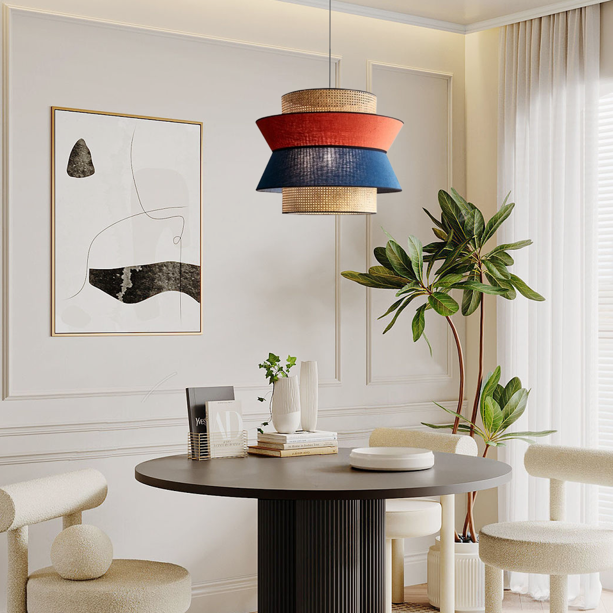 Landhausstil Pendelleuchte LED Trommel Metall Rot Wohnzimmer