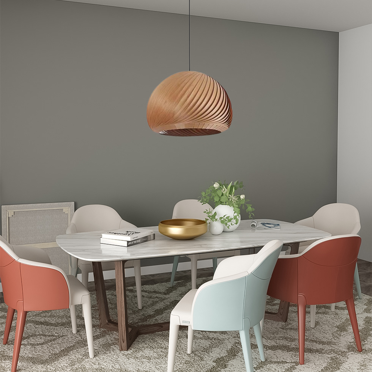 Modern Pendelleuchte LED Kugel Holz Braun Esszimmer