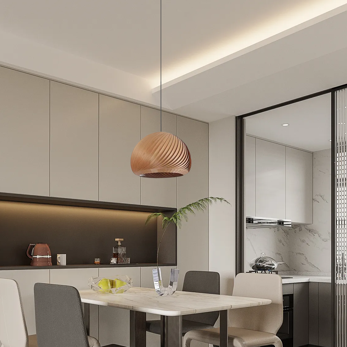Modern Pendelleuchte LED Kugel Holz Braun Esszimmer