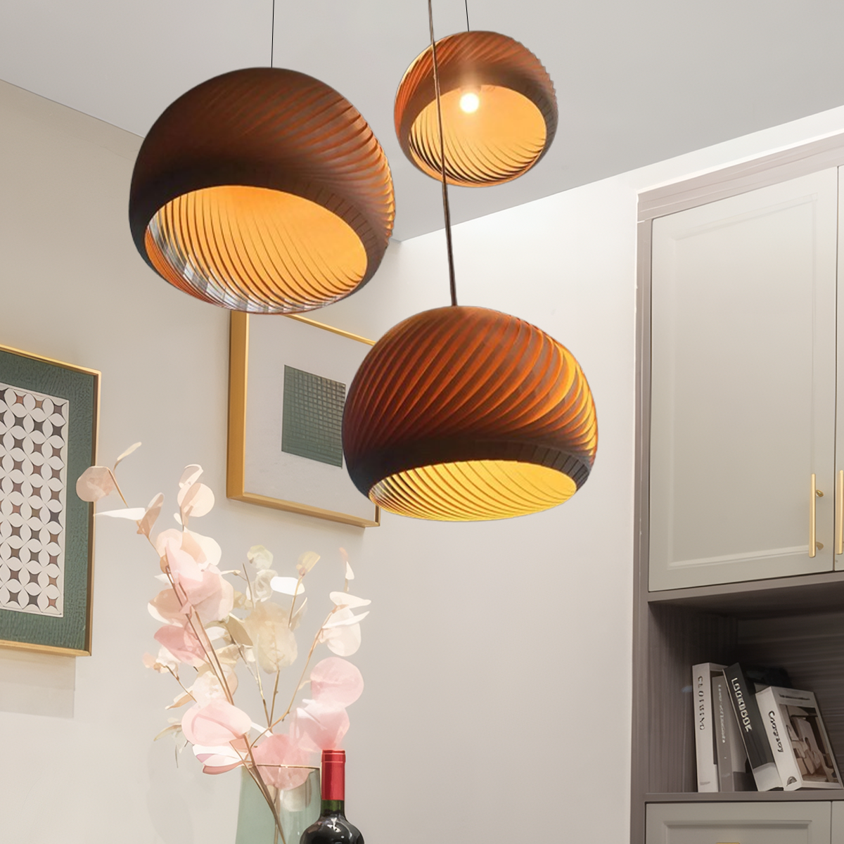 Modern Pendelleuchte LED Kugel Holz Braun Esszimmer