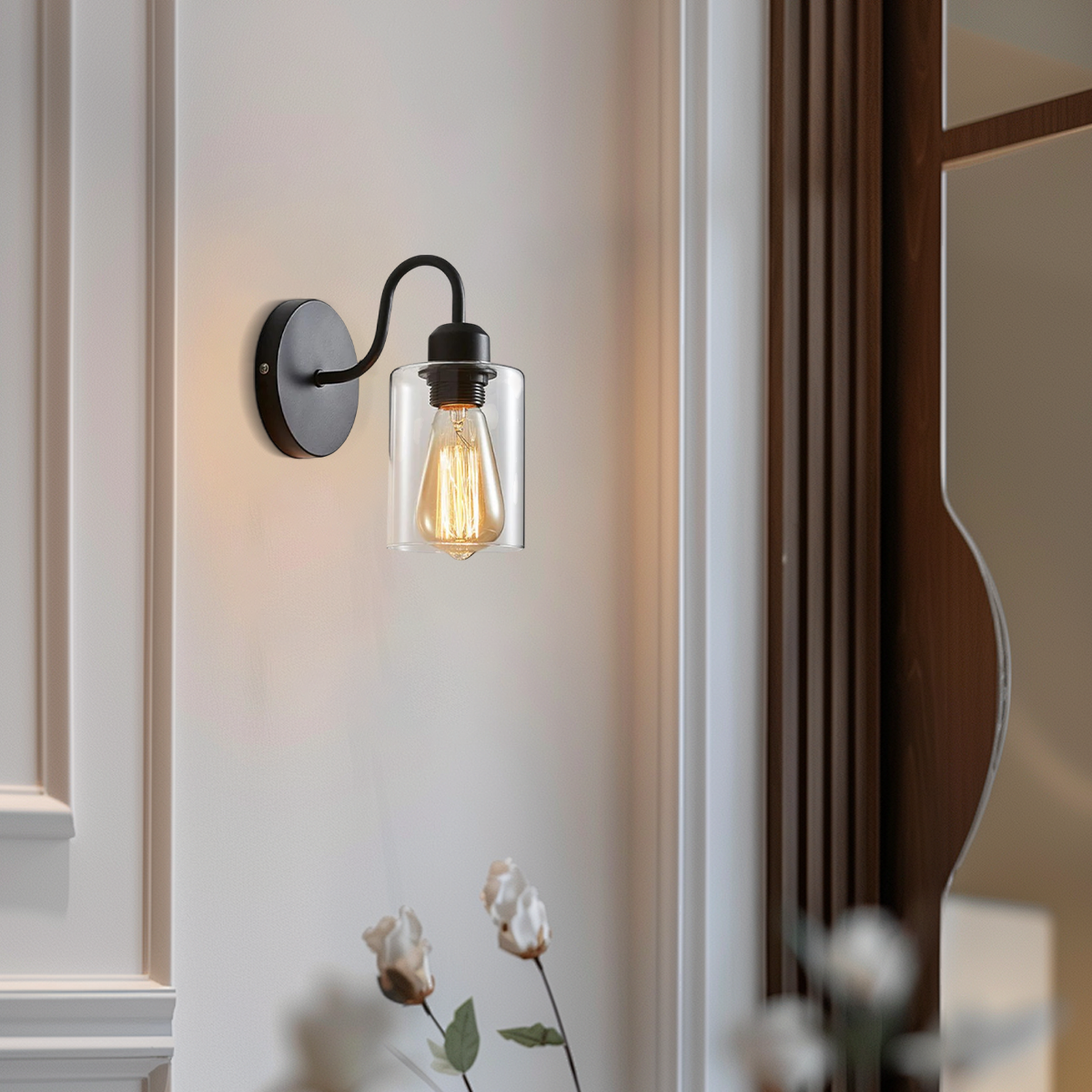 Industrielle Wandleuchte LED Schwarz Metall/Glas Schlafzimmer/Flur 