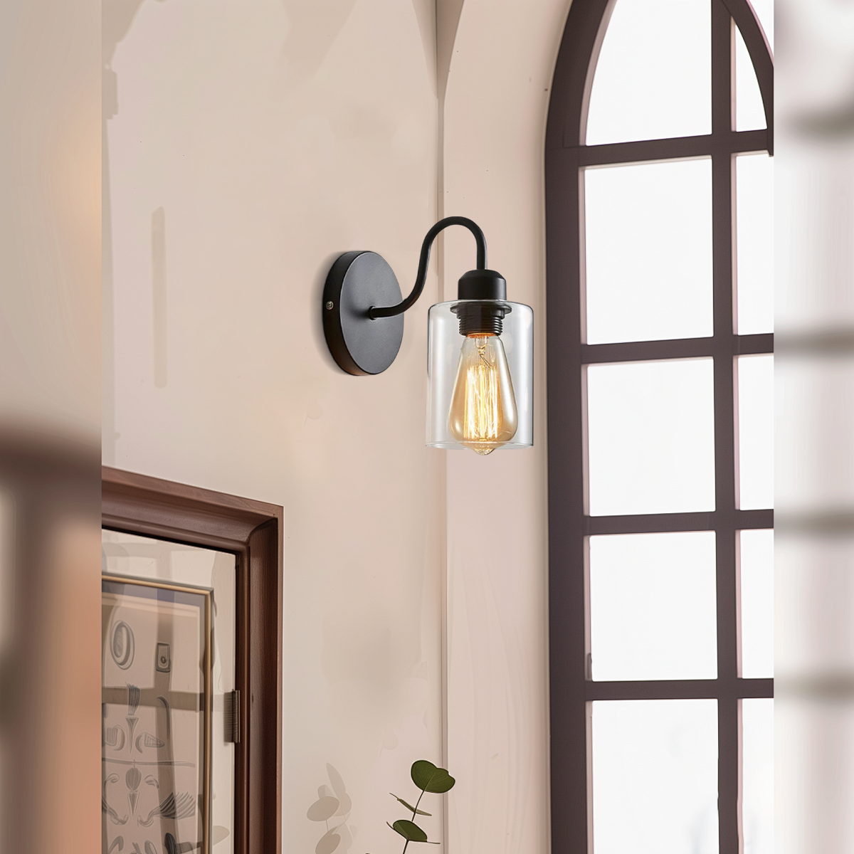 Industrielle Wandleuchte LED Schwarz Metall/Glas Schlafzimmer/Flur 