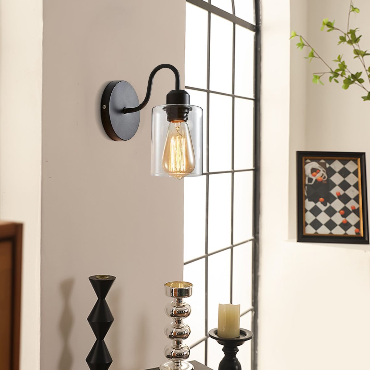 Industrielle Wandleuchte LED Schwarz Metall/Glas Schlafzimmer/Flur 