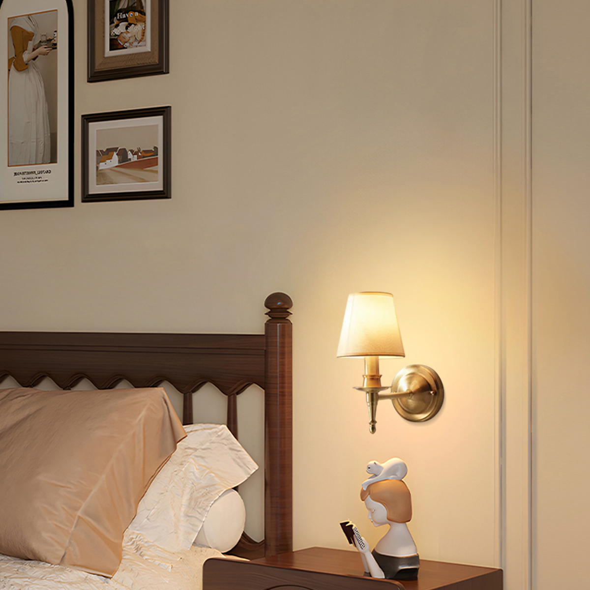 Vintage Wandleuchte LED kappenförmig Gold Kupfer Gewebe Schlafzimmer