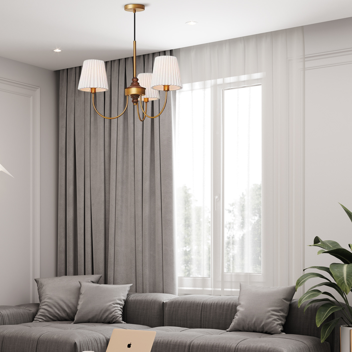 Vintage Kronleuchter LED kappenförmig Weiß Metall+Gewebe Esszimmer