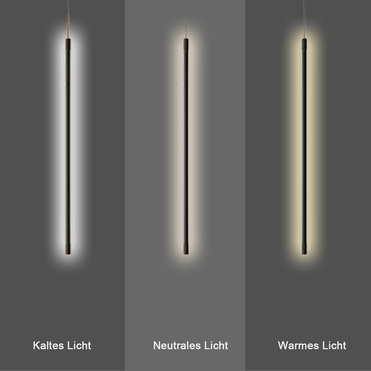 Moderne LED-Pendelleuchte in Schwarzmetall - Vergleich der 3 Lichtfarben