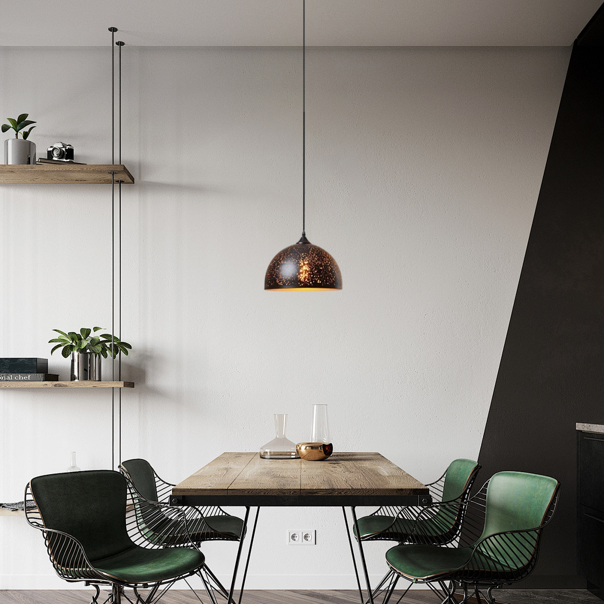 Industrielle Pendelleuchte Schwarz Metall Kuppel Wohnzimmer
