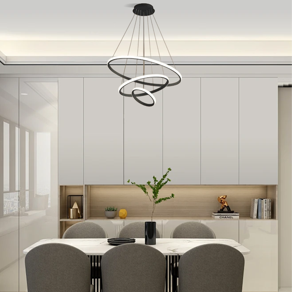 Moderne Pendelleuchte LED Ring Metall/Acryl -3Ringe-20x40x60CM-Schwarz-Perfekt für Esszimmer