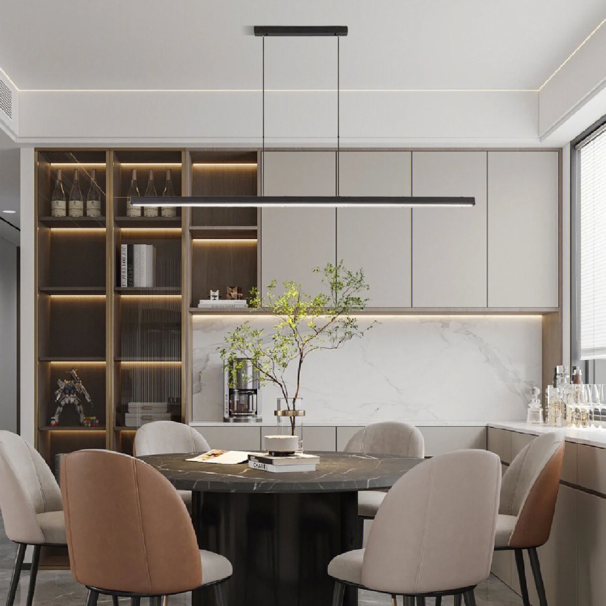Moderne Pendelleuchte LED Linear Schwarz/Braun Metall Esszimmer