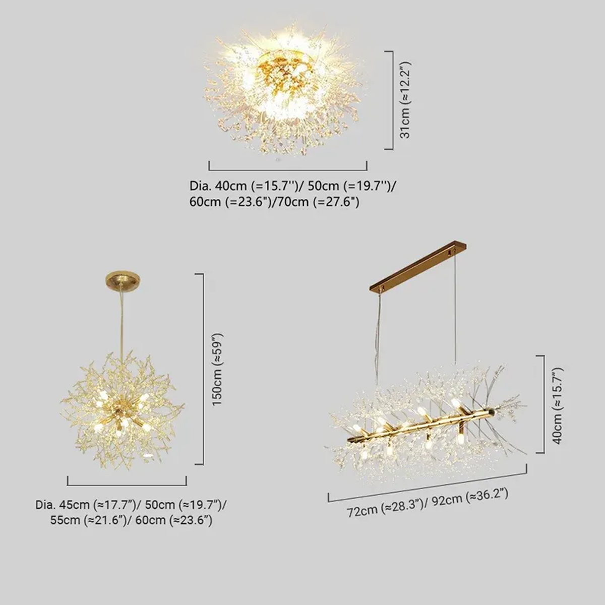 Goldene Löwenzahn-Pendelleuchte im modernen Wohnzimmer.