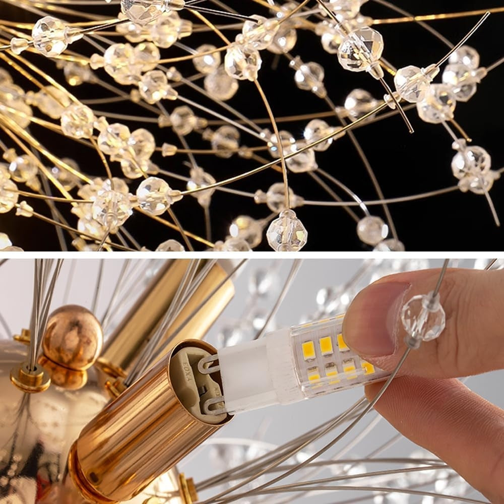 Goldene Löwenzahn-Pendelleuchte im modernen Wohnzimmer.