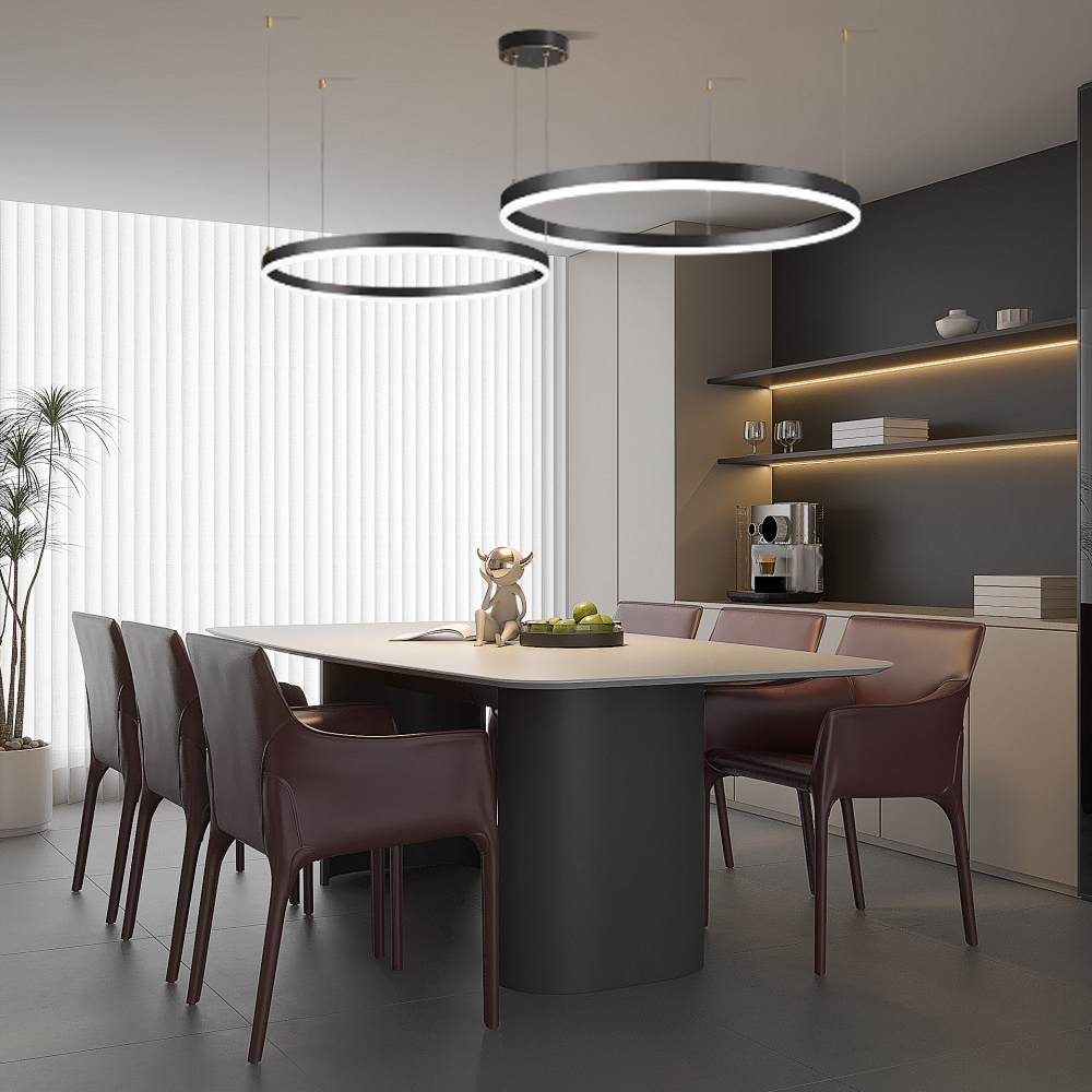 Moderne Pendelleuchte LED Ring Schwarz-60 80CM 2Ringe-Esszimmer